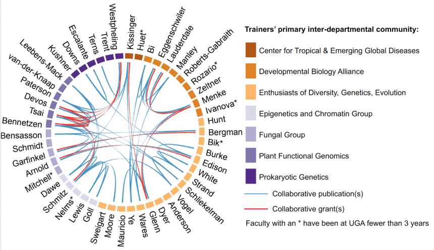 Scientific groups that trainers participate in, and collaborative publications and grants between trainers. Faculty with an asterisk (*) have been at UGA fewer than three years.